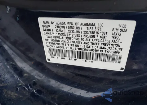 2006 Honda Odyssey Ex-L from USA, damaged, VIN 5FNRL38636B059613